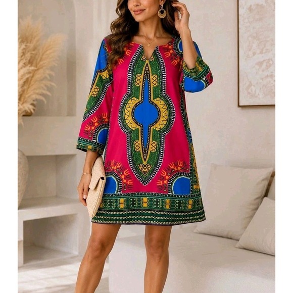 Tops - NWT Dashiki Print Tunic Dress XL Pink Blue Boho Tribal Casual Travel 3/4 Sleeve